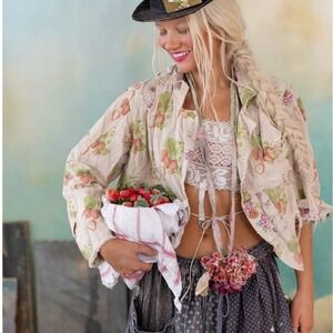 Magnolia Pearl Strawberry Floral Jacket Cream Distressed Bohemian Artful NWT